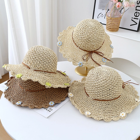 Chapeau De Soleil En Paille Pour Femmes Bord Ondulé Papier Broderie Florale Respirant Plage Style Français Nœud