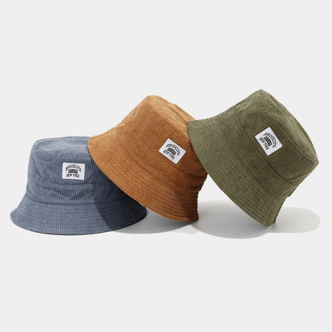 Vintage Corduroy Bucket Hat With Brooklyn Patch Casual Retro Sunshade Fisherman Cap For Men Women Solid Color Streetwear
