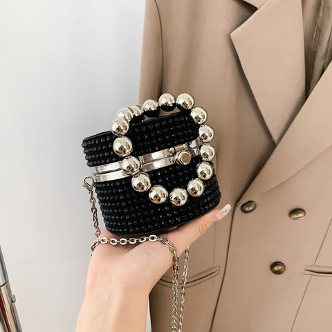 Rhinestone Cylindrical Evening Bag With Large Metal Bead Handle And Silver Chain Strap Elegant Fashion Handbag Women