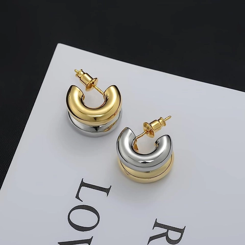 Pendientes De Aro Gruesos Forma C Acero Inoxidable Bicolor Oro Y Plata Pulido Geométrico Atrevido Minimalista Para Mujer