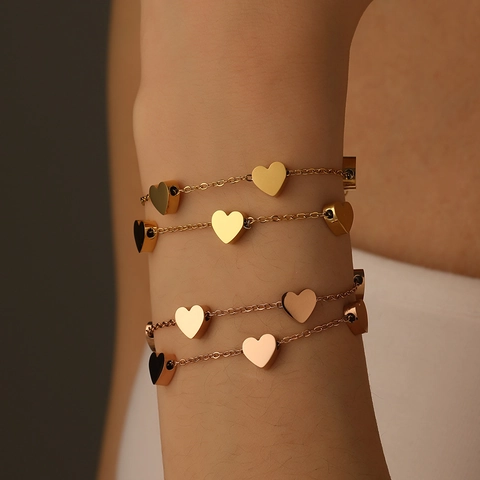 Double Layer Heart Pendant Bracelet Stainless Steel 18K Gold Plated Elegant Adjustable Chain Jewelry For Women