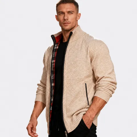 Men Knitted Cardigan Jacket Stand Collar Zipper Warm Plaid Lined Slim Fit Casual Sweater Coat