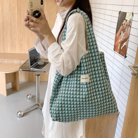 Karierte Strick Tragetasche Damen Große Kapazität Gewebte Schachbrett Schulter Handtasche Lässig Koreanischer Stil