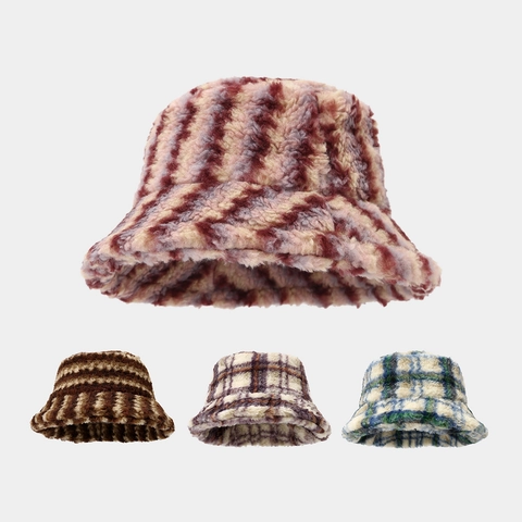 Pluche Namaakbont Vissershoed Warm Winter Winddicht Geruit Gestreept Outdoor Casual Mode Voor Dames