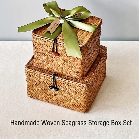 Square Woven Seagrass Storage Basket With Lid Buckle Handmade Straw Gift Box For Wedding Souvenir Pastoral Style