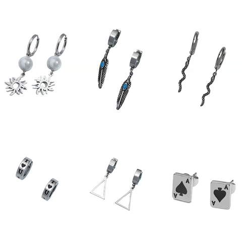 Stainless Steel Stud Hoop Earrings For Men Minimalist Punk Snake Triangle Poker Spade A Feather Sun Design Jewelry