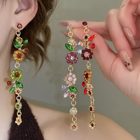 Vintage Multi-Color Rhinestone Floral Leaf Dangle Earrings With 925 Sterling Silver Earring Post For Women Elegant Jewelry