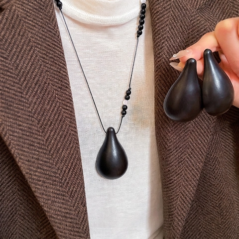 Retro Teardrop Necklace And Earrings For Women Wood Beaded Minimalist Zen Accessory With Silver Earring Post