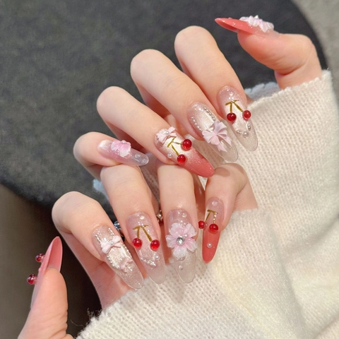 Süße Handgefertigte Künstliche Fingernägel Zum Aufkleben Mit 3D Kirsche Schleife Blume Dekoration Verlauf Oval Falsche Nägel Künstliche Perle Strass Maniküre Für Damen