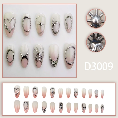 Unghie Finte A Mandorla Con Disegni 3D Metallico Argento Metallo Liquido Cuore Stella Sfumato Rosa Bianco Per Manicure Fai Da Te