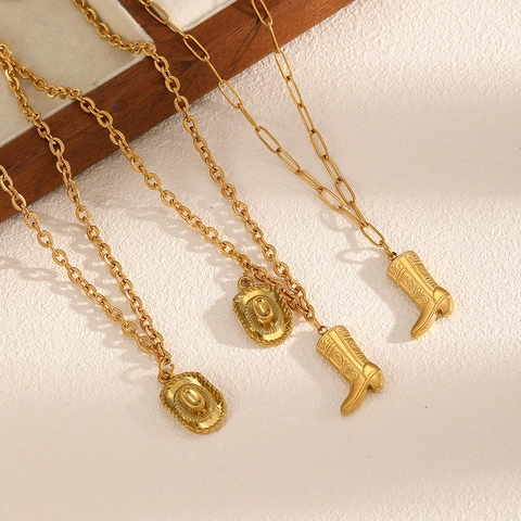 Collana Pendente Stivale Cappello Cowboy Western Acciaio Inossidabile Placcato Oro Gioielli Moda Unica Per Donne