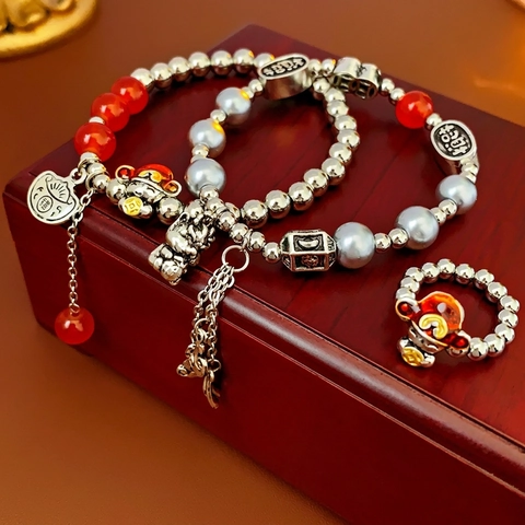 Pulsera Y Anillo De Aleación Imitación Perla Artificial Ágata Estilo Chino Dragón Carácter Fu Joyería Festiva Para Mujeres