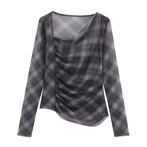 Completo Casual Da Donna Con Top In Rete A Maniche Lunghe Pieghettato E Gonna Midi A Trapezio