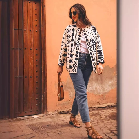 Veste Matelassée Femme Motif Géométrique Col Rond Manches Longues Rétro Style Ethnique Tribale
