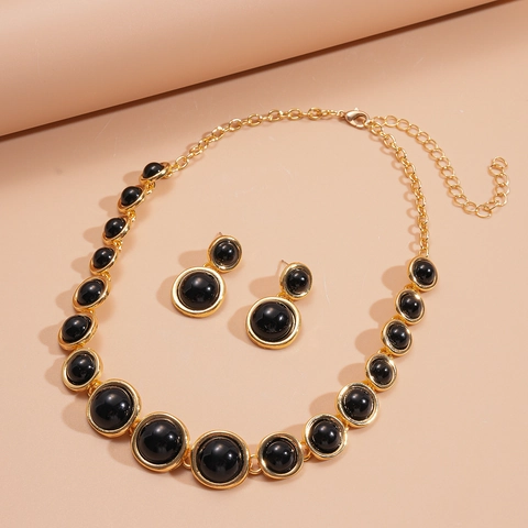 Collana E Orecchini Stile Palazzo Vintage Gioielli Lega Resina Nero Tondo Cabochon Tono Oro Accessorio Donna Con Perno In Argento