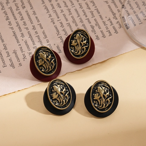 Vintage Portrait Cameo Relief Stud Earrings With Resin Alloy And 925 Sterling Silver Earring Post Retro For Women