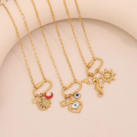 Stainless Steel Pendant Necklace Star Moon Evil Eye Seahorse Charms Carabiner Link Gold Plated Jewelry For Women