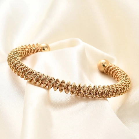Brazalete Abierto Acero Inoxidable Textura Tejida Resorte Ajustable Extremos De Bola Joyería Moda Retro Para Mujeres