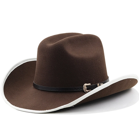Westerse Cowboyhoed Wolvilt Brede Rand Met Witte Contrastbiezen Leren Band Metalen Gesp Retro Stijl Voor Heren Dames