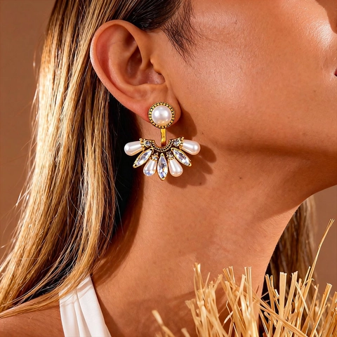 Pendientes Colgantes Barocos En Forma De Abanico Con Perla Artificial De Imitación Diamantes De Imitación Cobre Y Poste De Plata Vintage Para Mujer