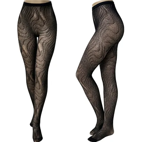 Sexy Water Ripple Fishnet Tights For Women High Waist Striped Hollow Out Nylon Stockings Elastic Fashion Hosiery