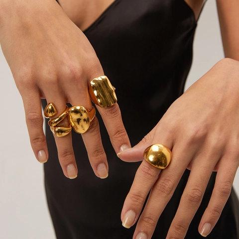 Anillos Gruesos Textura Lava Acero Inoxidable Chapado Oro 18K Joyería Declaración Geométrica Irregular Para Mujeres Estilo Vintage