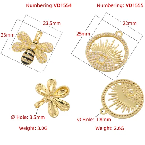 Pendentif Petite Abeille Mauvais Œil Soleil Rond Laiton Zircone Cubique Incrusté Cuivre Émail Personnalisé Hip Hop Bijoux
