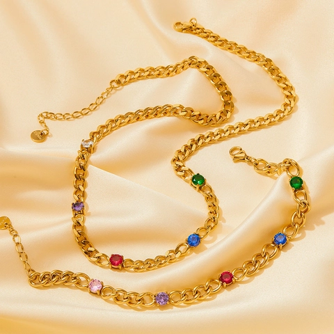 Collana E Bracciale A Catena Cubana In Acciaio Inossidabile Con Zirconi Colorati Gioielli Di Moda Per Donne