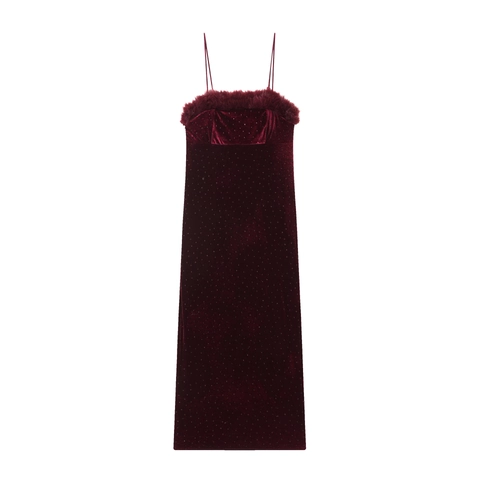 Vestido Midi De Terciopelo Burdeos Con Ribete De Piel Sintética Estrás Brillo Cuello En V Sin Mangas Fiesta Mujeres