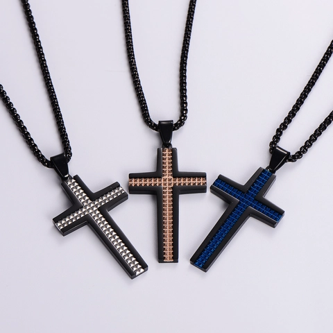 Cross Pendant Necklace 316L Stainless Steel 3D Beveled Grid Texture Fashion Hip Hop Punk Jewelry For Men
