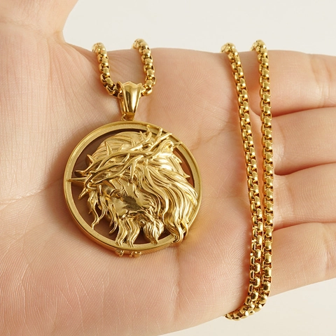 Collar Colgante Jesús Acero Inoxidable Bañado Oro 18K Medallón Redondo Relieve Cadena Box Joyería Religiosa Hombre Mujer