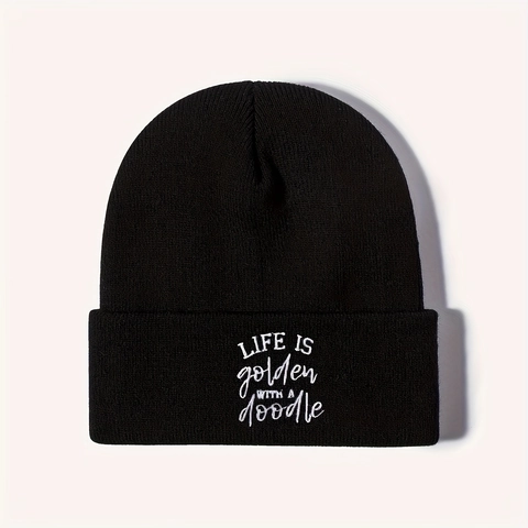 Gebreide Muts Geborduurd Life Is Golden With A Doodle Acryl Warme Winter Beanie Met Omslag Voor Dierenliefhebbers