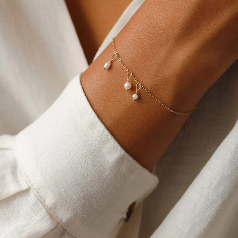 Minimalist Stainless Steel Freshwater Pearl Bracelet For Women 14K Gold Plated Adjustable Dainty Dangle Jewelry Birthday Gift