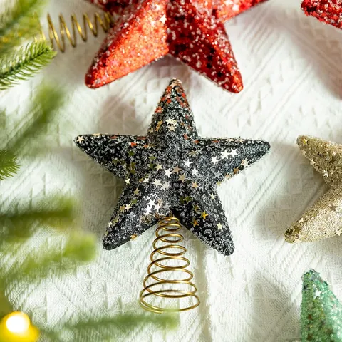 Christmas Tree Topper Star Foam Iron Sparkling Glitter Pentagram Shape Metal Spring Base Holiday Home Decor Modern