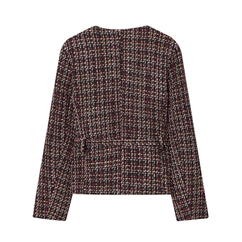 Women Vintage Plaid Tweed Jacket With Belt Elegant Round Neck Long Sleeve Outwear Pink Black White Checkered Button Coat