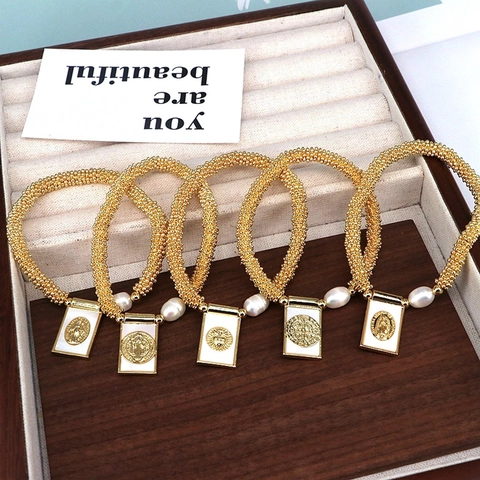 Pulsera De Cuentas Religiosa Vintage Para Mujer Con Cuentas De Cobre Colgante De Madonna De Concha Y Perla Artificial Estilo Francés
