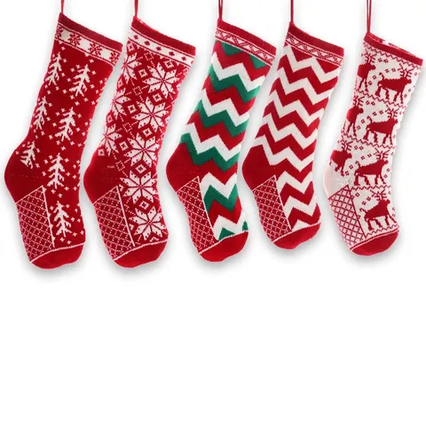 Knitted Christmas Stockings Reindeer Snowflake Patterns Hanging Festive Candy Gift Bags Holiday Home Decor