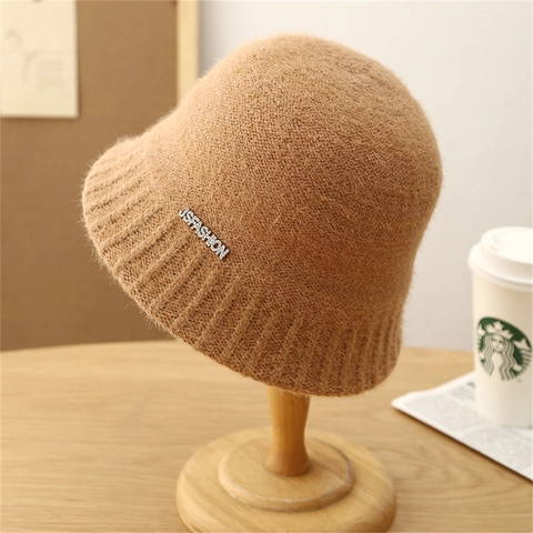 Sombrero De Pescador De Punto Mujer Rayado Ganchillo Con Placa De Metal Cálido Plegable Invierno Otoño Estilo Japonés