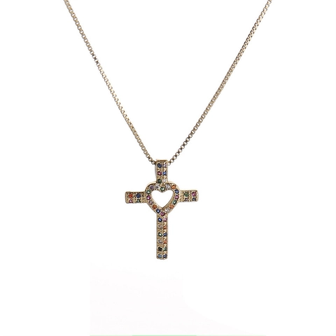 Cross Pendant Necklace Gold Plated Copper Micro Pave Cubic Zirconia Heart Cutout Box Chain Trendy Jewelry For Women