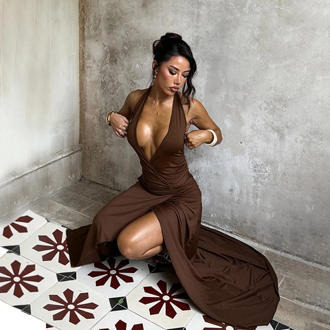Halter Maxi Kleid Tiefer V Ausschnitt Rückenfrei Hoher Schlitz Geraffte Taille Sexy Ärmellos Einfarbig Party Abend Damen