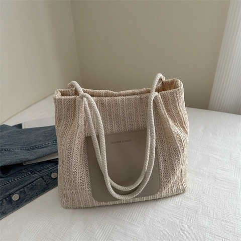 Frauen Stroh Tragetasche Gewebt Große Kapazität Strand Schultertasche Mit PU Lederpatch Und Seilgriff Casual Mode