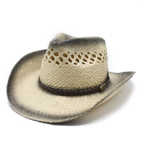 Western Straw Cowboy Hat Vintage Paper Straw Breathable Hollow Wide Brim Sunscreen Summer Beach Travel Men Women