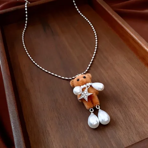 Flocked Teddy Bear Pendant Necklace Rhinestone Star Imitation Artificial Pearl Sweater Chain Copper Titanium Steel Jewelry Women