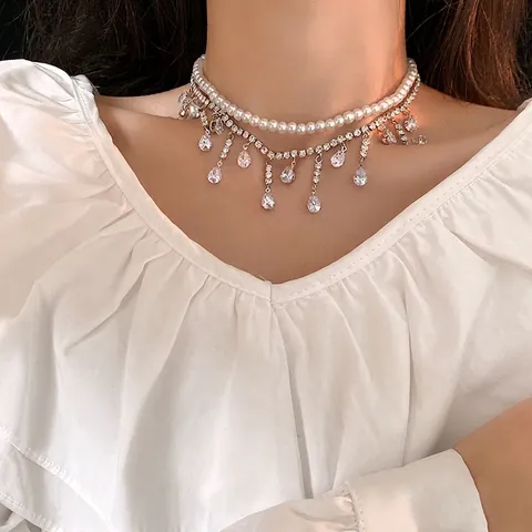 Collana A Doppio Strato Rame Zircone Perla Artificiale Nappa Strass Pendente Goccia Acqua Elegante Stile Francese Donna