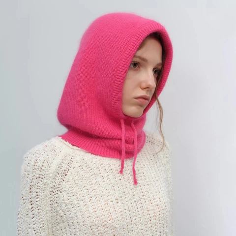 Warm Winter Knit Balaclava Hat Rabbit Hair Blend Solid Color Drawstring Hood Scarf Windproof Outdoor Fashion Headwear
