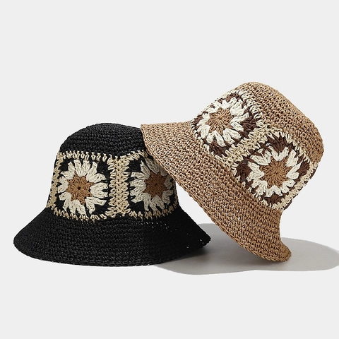 Handgefertigter Häkel-Fischerhut Vintage Blumen-Granny-Square Sommer-Sonnenschutz Atmungsaktiver Outdoor-Strandhut Für Damen