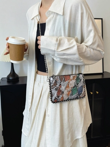 Snake Print Crossbody Bag Women Multicolor Splicing PU Leather Envelope Mini Square Handbag Silver Bead Chain Rivet Trim
