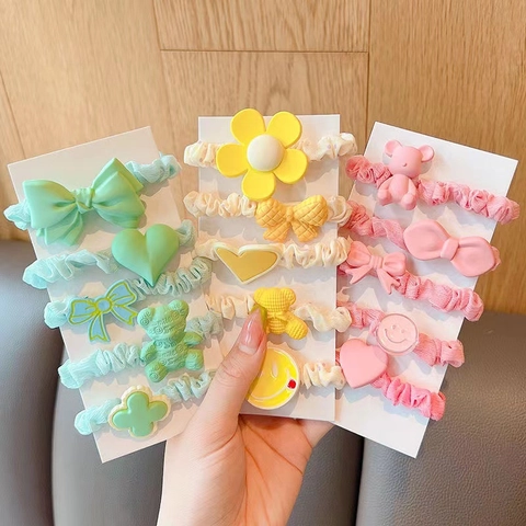 Kids Hair Ties Cloth Elastic Scrunchies Resin Cartoon Flower Bow Knot Bear Heart Toddler Girls Hair Accessories