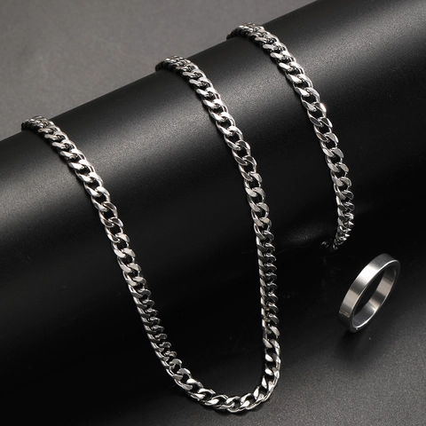 Stainless Steel Cuban Link Chain Necklace Bracelet Plain Band Ring Hip Hop Style Silver Color Jewelry For Men Women