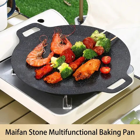 Round Korean BBQ Grill Pan Maifan Stone Non-Stick Coating Dual Handles Portable Griddle For Outdoor Camping Induction Gas
